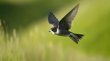 Close-up of a brown-winged starling in flight over lush green background photo