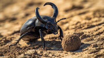 Dung beetle on sandy terrain rolling a perfectly formed ball photo