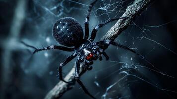 Close-up of black spider with red markings on web in dark setting photo