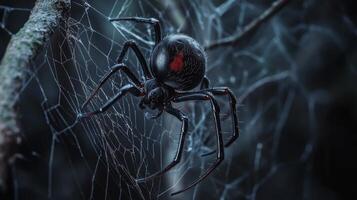 Close-up of black widow spider on intricate web at night photo