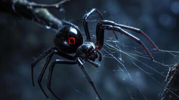 Close-up of a black widow spider on web in natural habitat photo