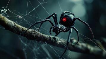 Close-up of black widow spider on web in dark forest environment photo