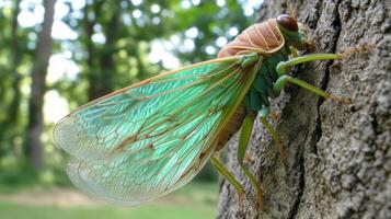Close-up of a vibrant cicada on tree bark in lush forest setting photo