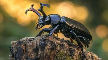 Majestic stag beetle on wood with bokeh background photo