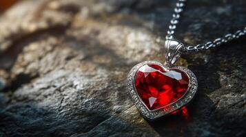 Heart-shaped ruby gemstone necklace on rocky surface reflecting light photo