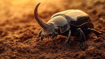 Close-up of rhinoceros beetle on soil at sunset photo