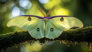Luna moth resting on mossy branch in sunlit forest photo