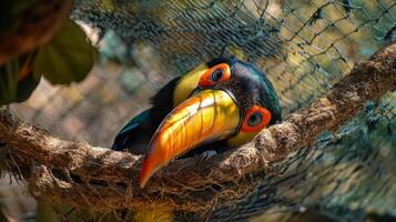 Colorful toucan perched on branch with vibrant beak in natural habitat photo
