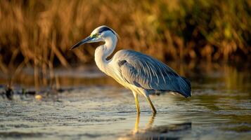 Graceful grey heron wading in tranquil wetland at golden sunset photo