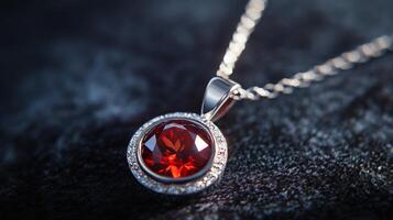 Elegant silver necklace with red gemstone pendant on dark background photo