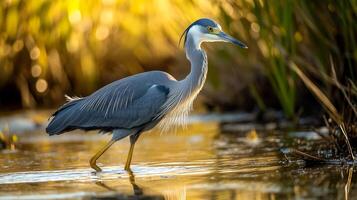 Elegant heron wading in sunlit wetlands photo