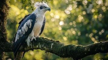 Majestic harpy eagle perched on mossy branch in lush forest photo