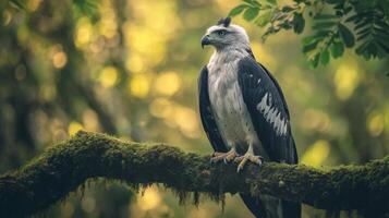 Majestic harpy eagle perched on mossy branch in lush green forest photo