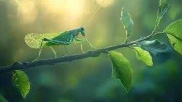 Green grasshopper on leafy branch in sunlit natural setting photo