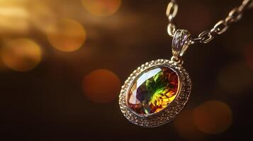 Elegant multicolor gemstone pendant with chain on bokeh background photo