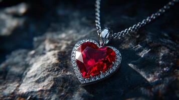 Elegant heart-shaped red gemstone pendant with silver chain on textured surface photo