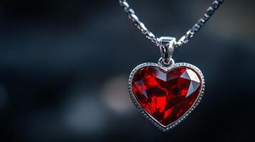 Elegant heart-shaped red gemstone pendant on silver chain photo