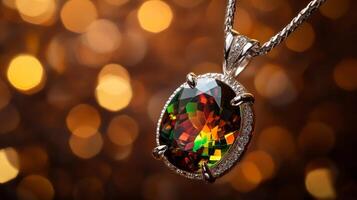 Exquisite multicolor pendant with diamonds on chain against sparkling bokeh background photo