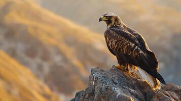Majestic golden eagle posed on rocky cliff in serene mountain landscape photo