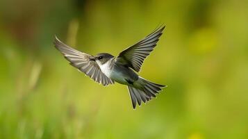 Graceful swallow in mid-flight against soft green background photo