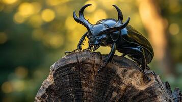 Majestic stag beetle posing on tree stump against blurred nature background photo