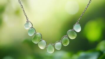 Elegant jade necklace with silver chain on blurred green background photo