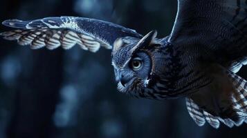 Majestic nocturnal owl in flight with wide wingspan in dark forest photo