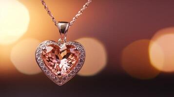 Elegant heart-shaped diamond pendant on a chain with bokeh background photo