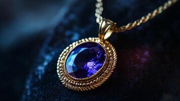 Elegant gold pendant with deep blue gemstone on dark velvet background photo