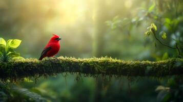 Vibrant red cardinal in lush green forest at sunrise photo