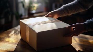 Person handling sealed package on wooden table in cozy indoor setting photo