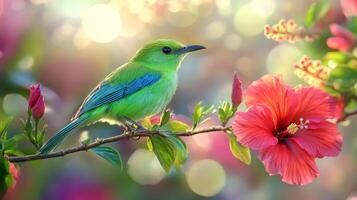 Vibrant green bird perched on flowering branch in colorful nature scene photo