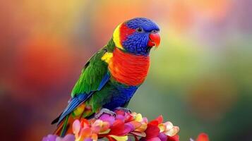 Vibrant rainbow lorikeet perched on a blooming branch against colorful background photo