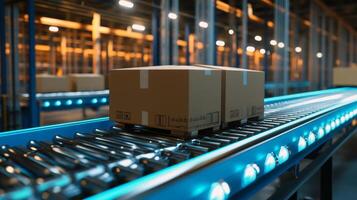 Cardboard boxes on automated conveyor belt in warehouse photo
