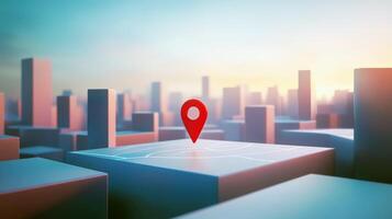 Abstract cityscape with red location pin at sunset photo