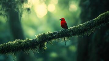 Scarlet tanager perched on mossy branch in lush forest setting photo