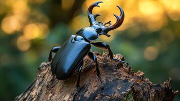 Stag beetle on tree stump against blurred forest background photo