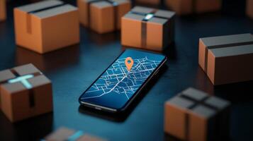 Smartphone displaying map with gps location surrounded by parcels on dark background photo