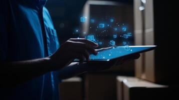Male using digital tablet with floating holographic icons in a warehouse setting photo