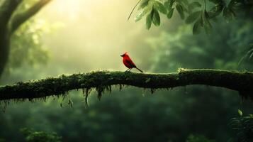 Vibrant red cardinal perched on mossy branch amidst lush greenery in tranquil forest photo