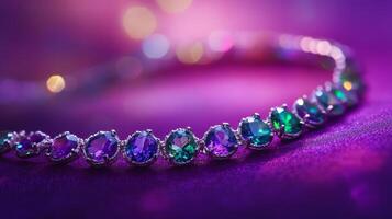 Vibrant amethyst and emerald necklace on purple velvet background photo