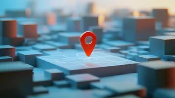 3d digital city map with red location pin in blue toned urban environment photo