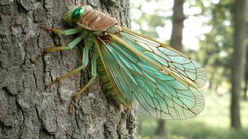 Vibrant green cicada on tree trunk in forest with detailed wings photo