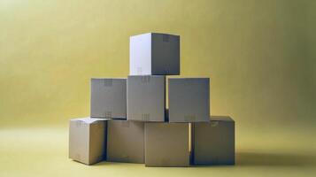Stack of six cardboard boxes on yellow background photo
