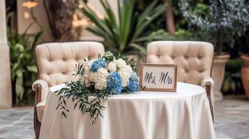 Elegant wedding decor with floral arrangement and sign on table photo