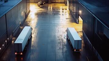 Two trucks in warehouse loading area during evening rain photo