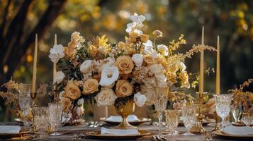 Elegant floral centerpiece with soft-toned roses and crystal glassware on outdoor dining table photo