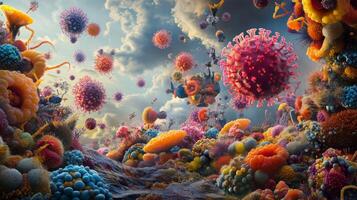 Abstract microbial landscape with colorful floating organisms against stormy sky photo