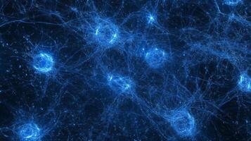 Abstract blue neural network with glowing connections in dark space photo