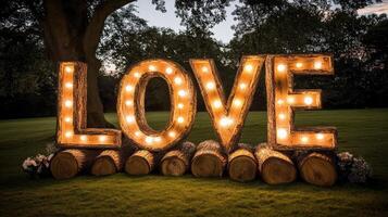 Illuminated rustic love sign in outdoor evening setting photo